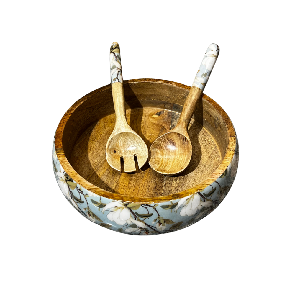 Wooden Salad Bowl With Spoon & Fork