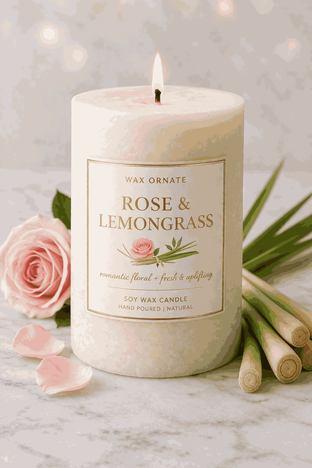 Pillar Rose and Lemongrass Candle